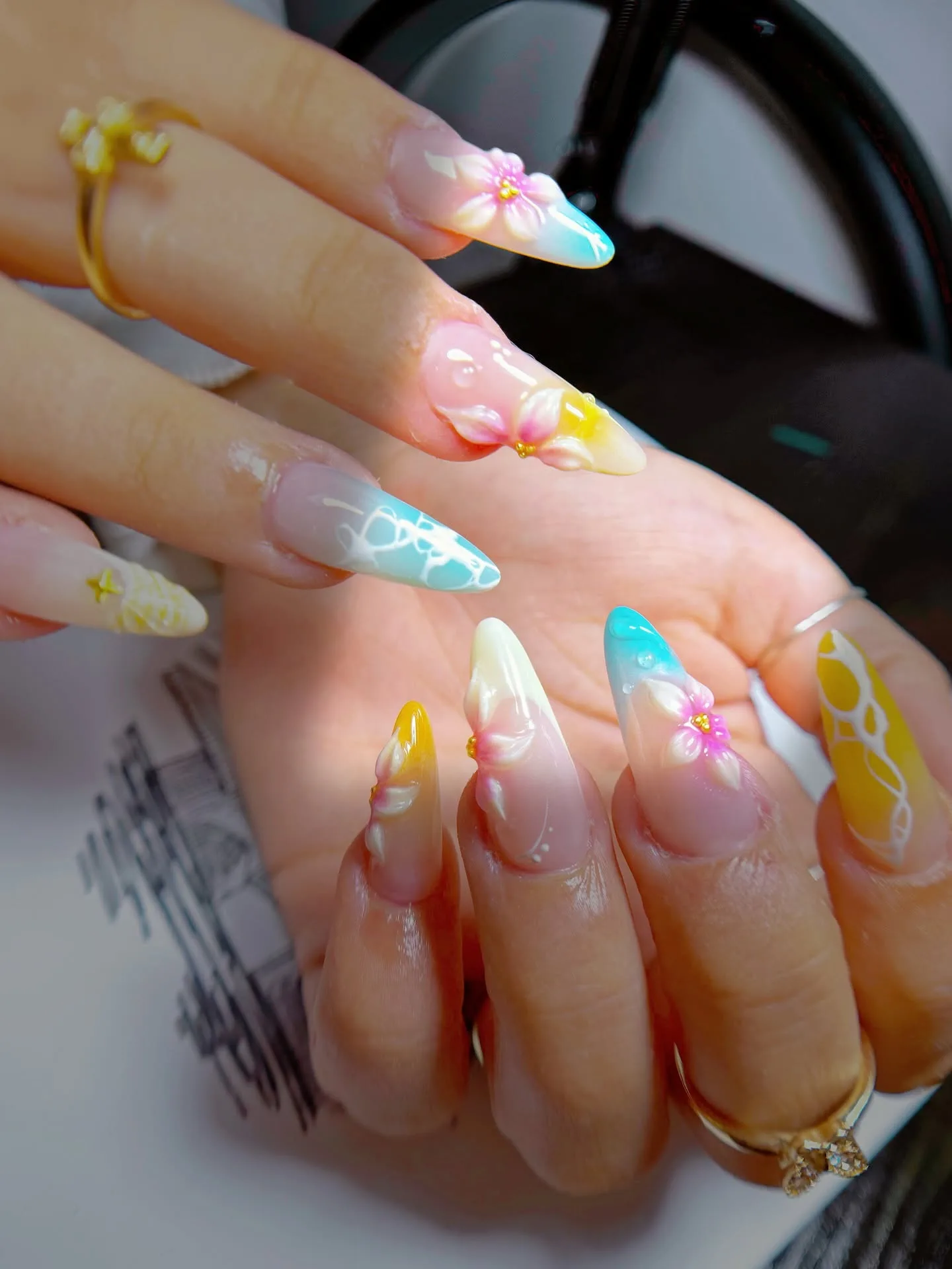 Multicolour pastel 3D plumeria floral nails, glossy