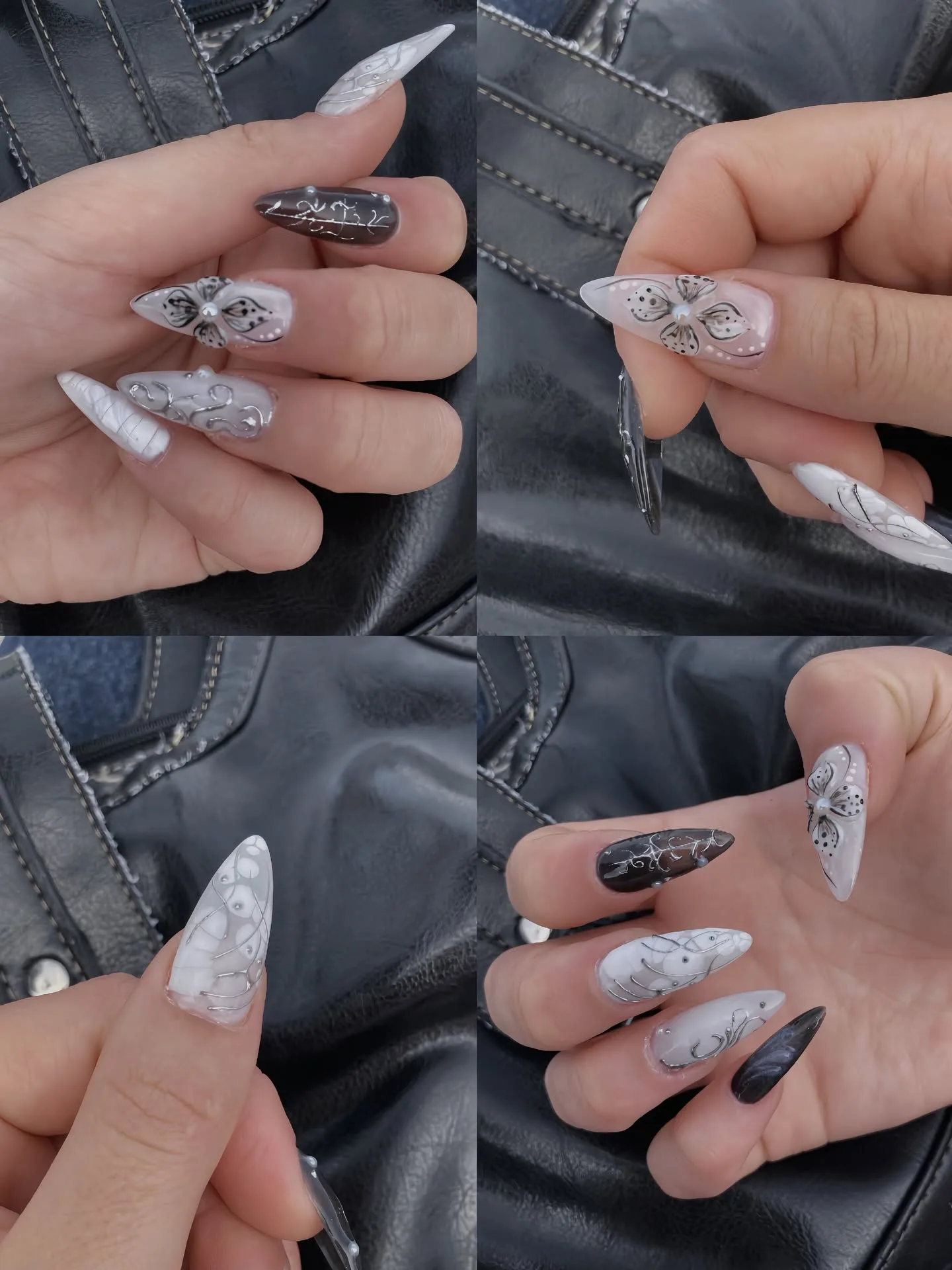 Fine-line butterfly and floral nail art collage